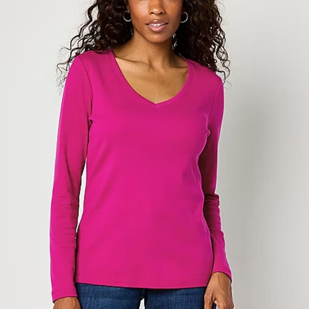 St. John's Bay Womens V Neck Long Sleeve T-Shirt, Magenta, Large, XL